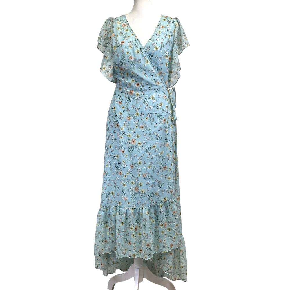 DREW Maggie Blue Wrap Dress Sz L Floral Ruffles Flounce Spring Cottagecore NWT